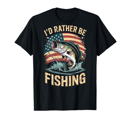 On-Back I'd Rather Be Fishing Funny Bass Fishing Humor T-Shirt