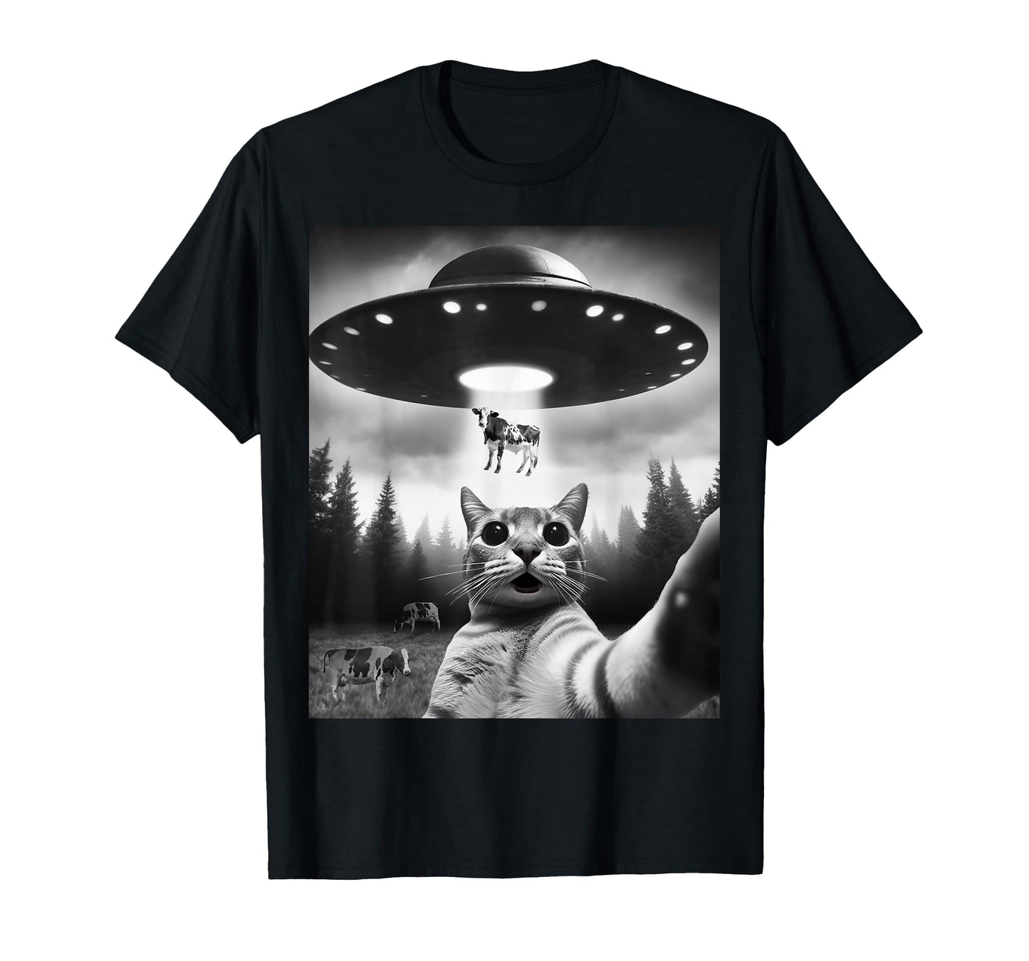 Funny Cat Selfie Flying Alien UFO Abducting Cow Cryptid Men Women Girls Kids T-Shirt