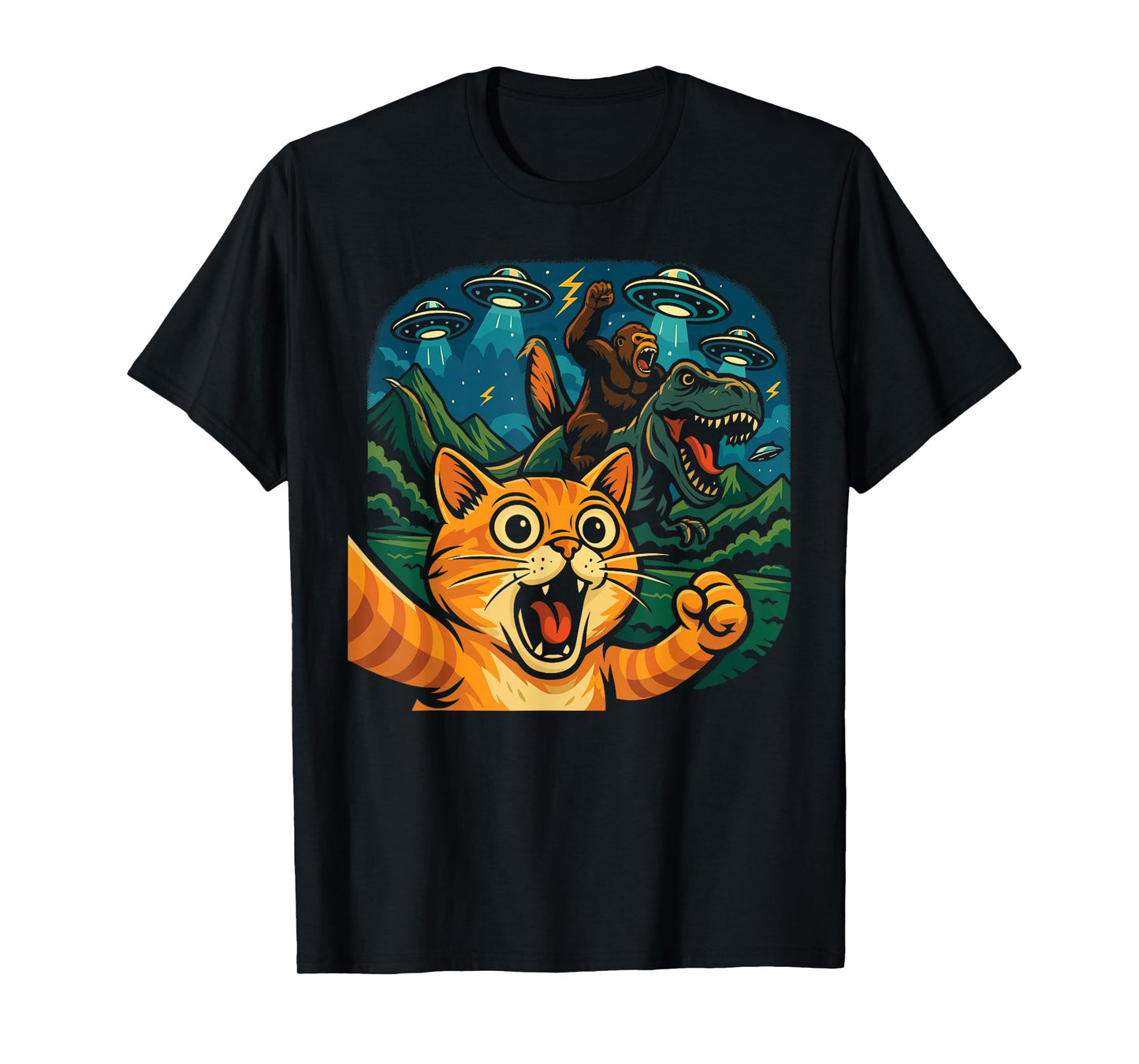 Funny Cat Selfie with T-Rex Gorilla UFO T-Shirt