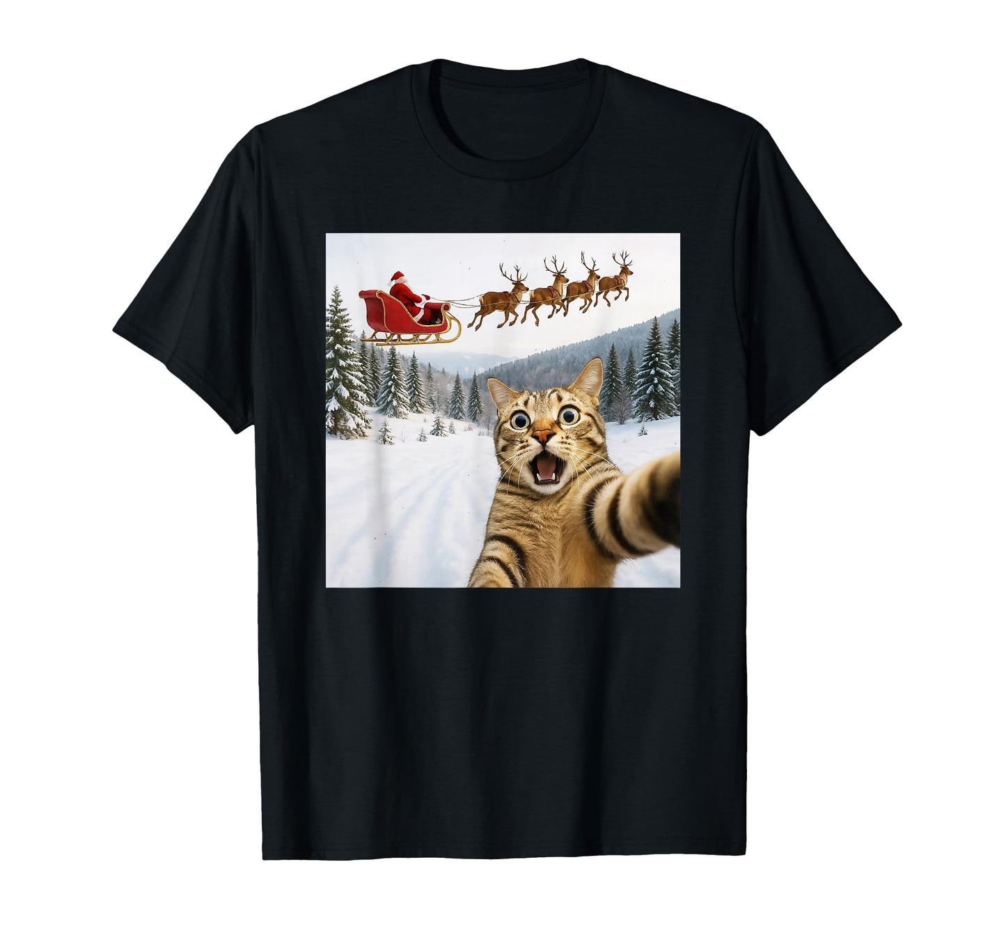 Funny Cat Selfie with Santa Sleigh Reindeer Xmas Christmas T-Shirt