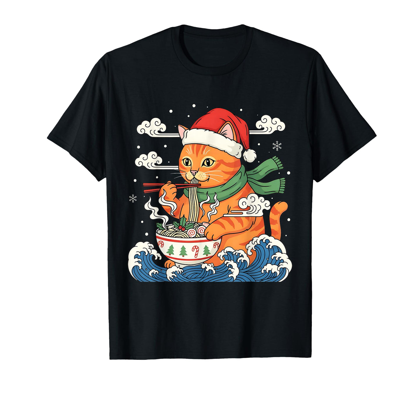 Funny Christmas Ramen Cat Eating Noodles Japanese Kawaii Cat T-Shirt