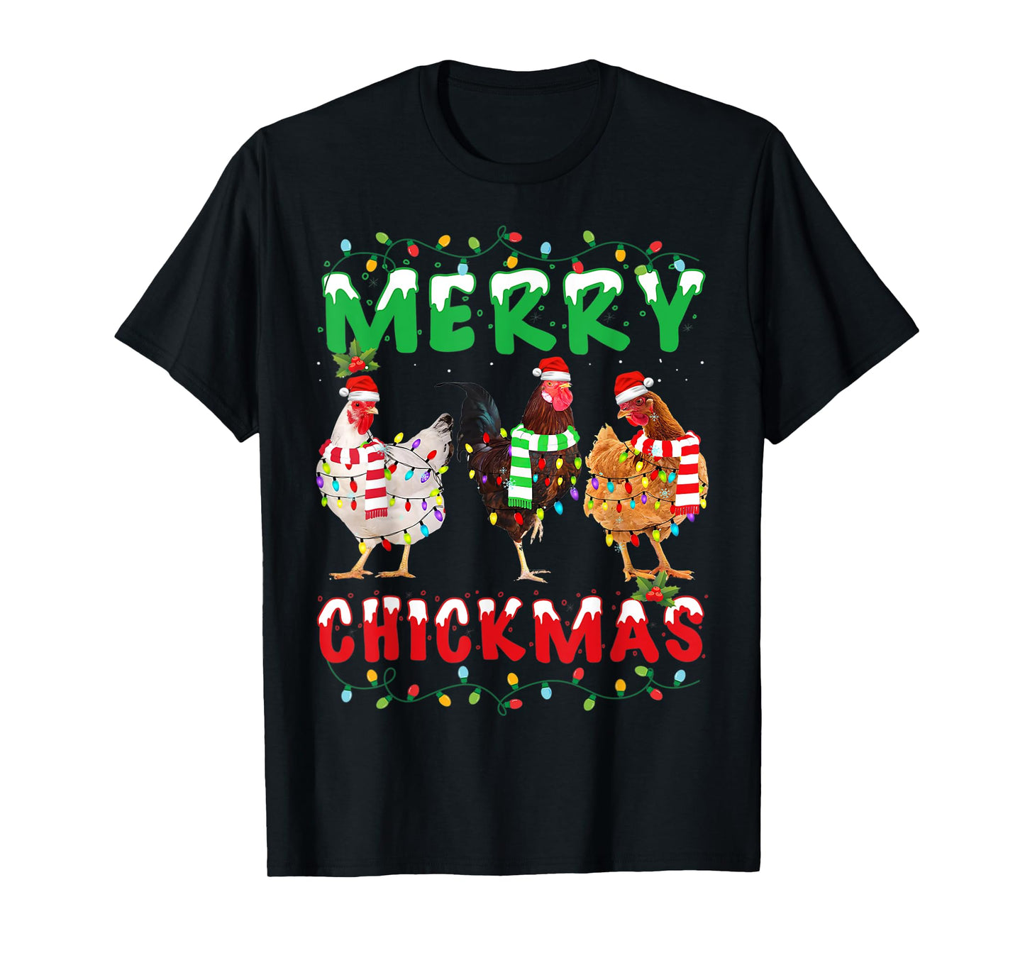Merry Christmas Chicken Shirt Santa Hat Lights Funny Gift T-Shirt