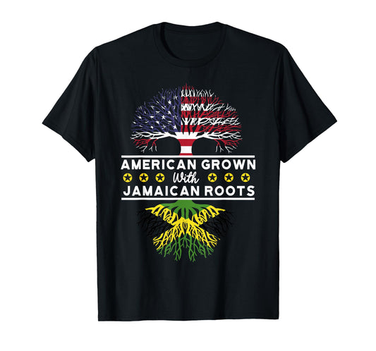 National Flags & Roots Proud Heritage Gifts American Grown with Jamaican Roots - Jamaica T-Shirt - Unisex-Adults, Unisex-Kids - Black - Short Sleeve - Small