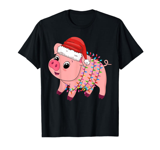 Christmas Lights Pig Wearing Xmas Hat - Pig Lover Farmer T-Shirt