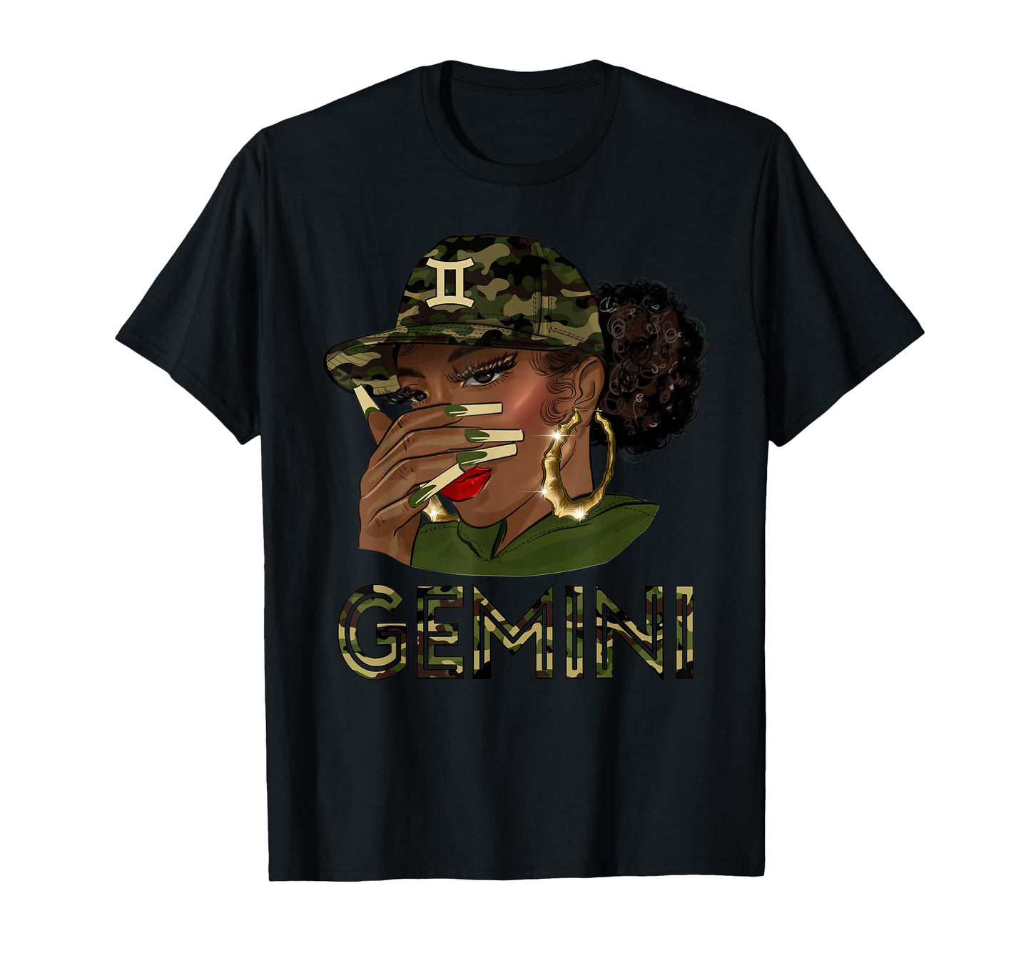 Gemini Queen Black Girl With Cap Camo Afro Woman Zodiac T-Shirt