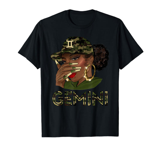 Gemini Queen Black Girl With Cap Camo Afro Woman Zodiac T-Shirt