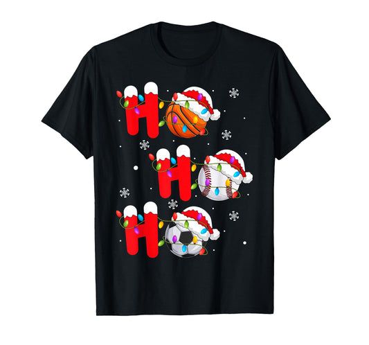 Basketball Baseball Soccer Christmas Ho Ho Ho Santa Xmas T-Shirt