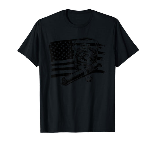 Cigar Whiskey American Flag - Patriotic USA Bourbon Lover T-Shirt
