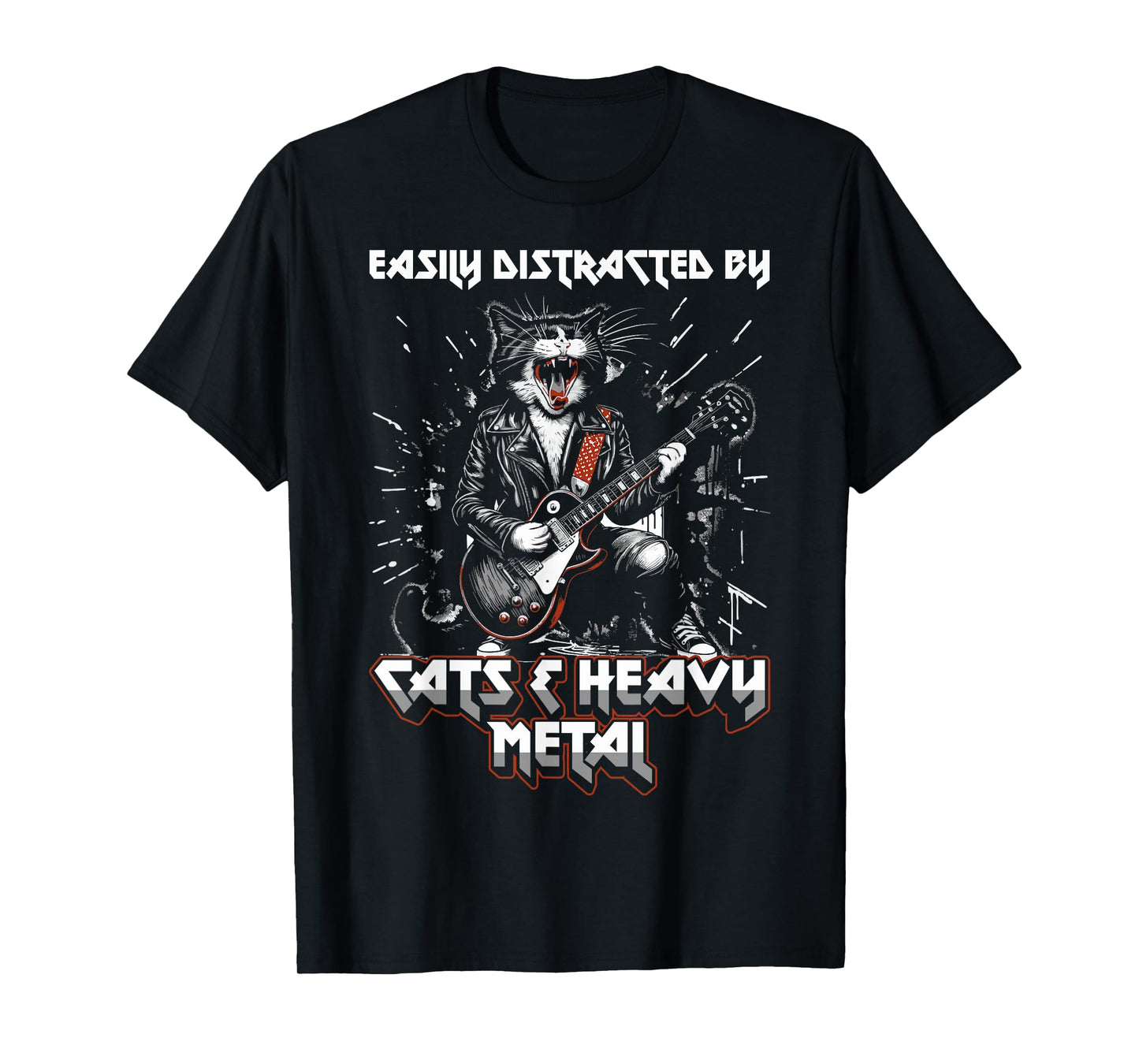 Easily Distracted By Cats & Heavy Metal - Funny Rock Cat T-Shirt for Men Women Kids