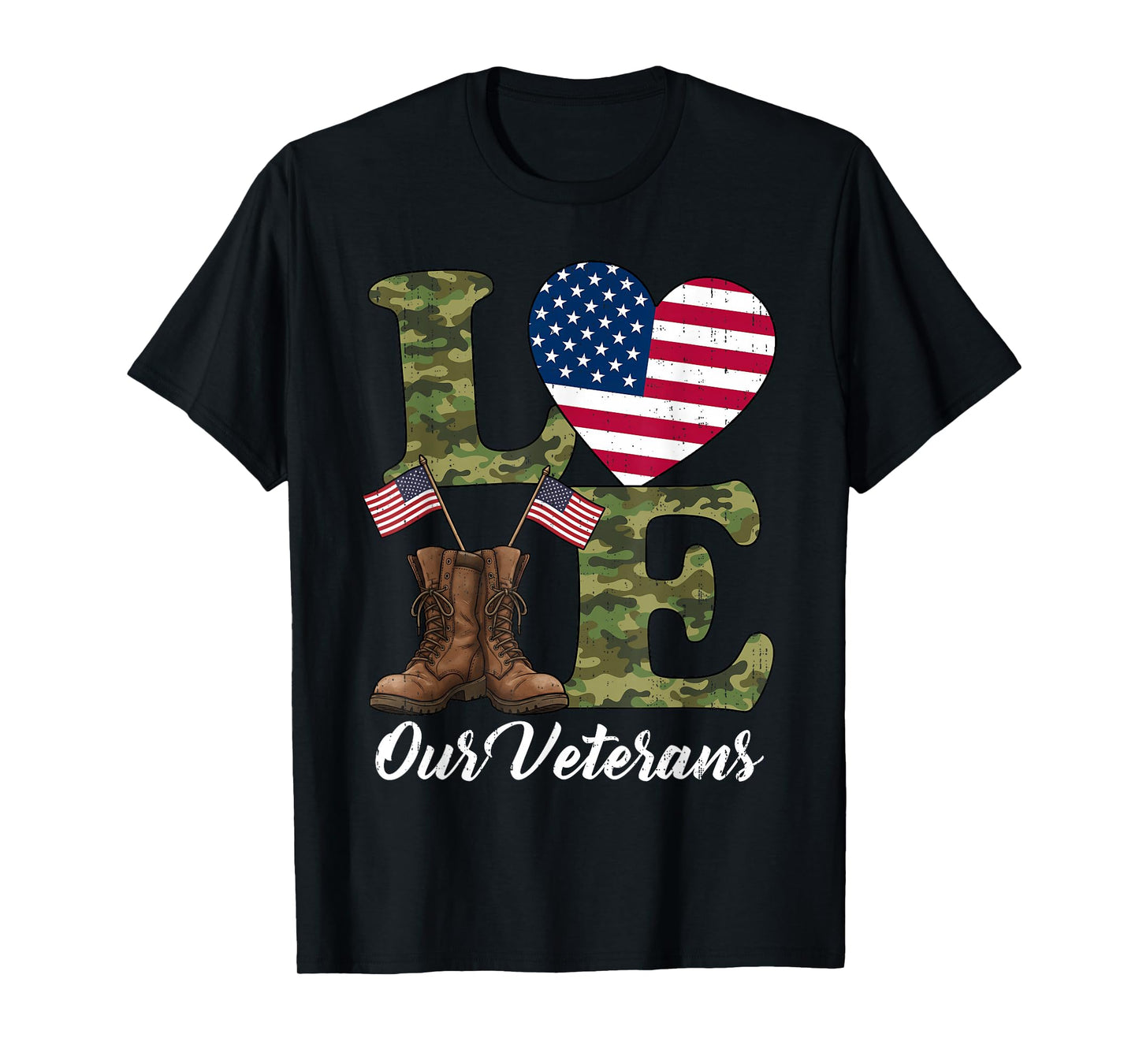 Love Our Veterans USA Flag Heart Patriotic Army Military T-Shirt