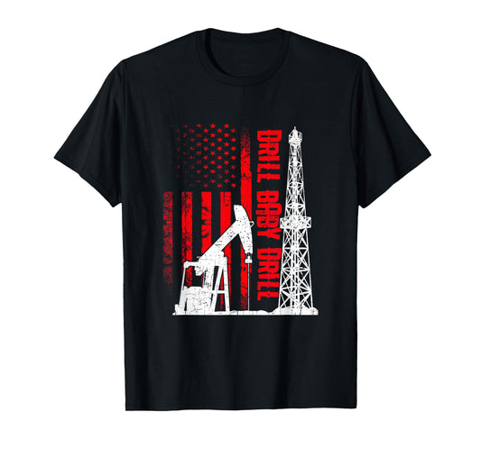 American Flag Oil Drilling Design Drill Baby Drill T-Shirt for Men - Black, Small