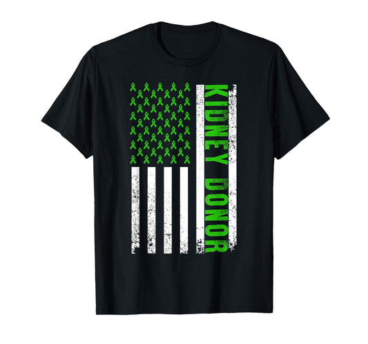 Cute Kidney Donor US Flag Art Kidney Transplant Green Ribbon T-Shirt