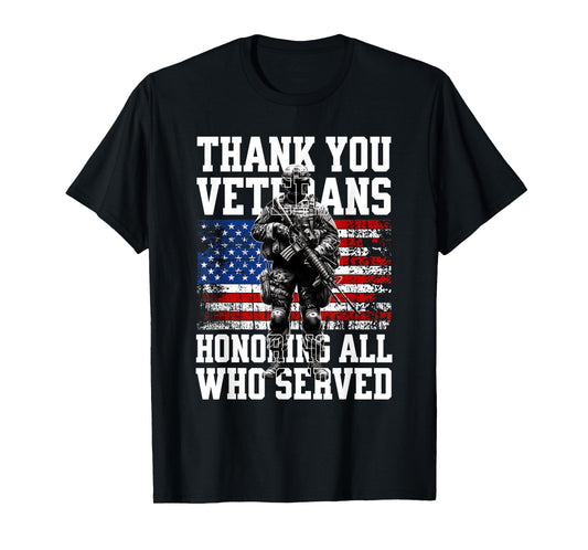 Honoring All Who Served Thank You Veterans USA American Flag T-Shirt