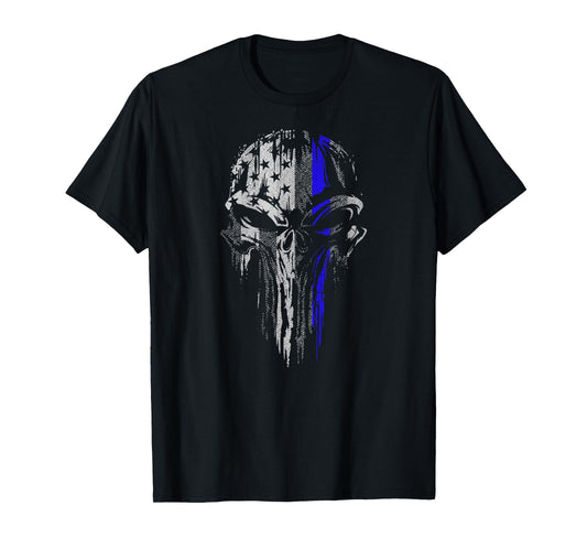 Thin Blue Line Shirts Men - USA Flag Skull Police T-Shirt