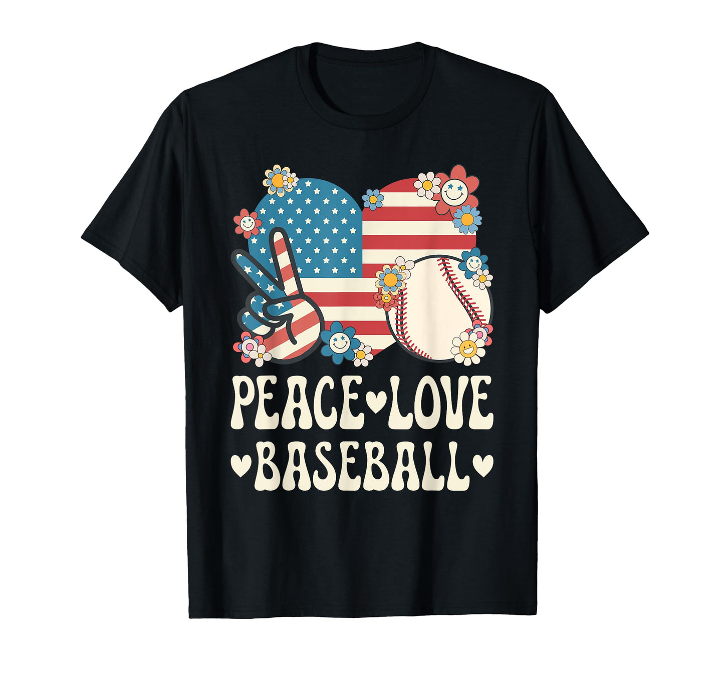Peace Love Baseball Lover American Flag Patriotic Baseball T-Shirt