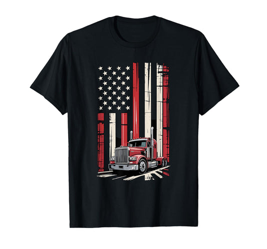 American Flag Semi Truck 18 Wheeler Trucker Pride Design T-Shirt