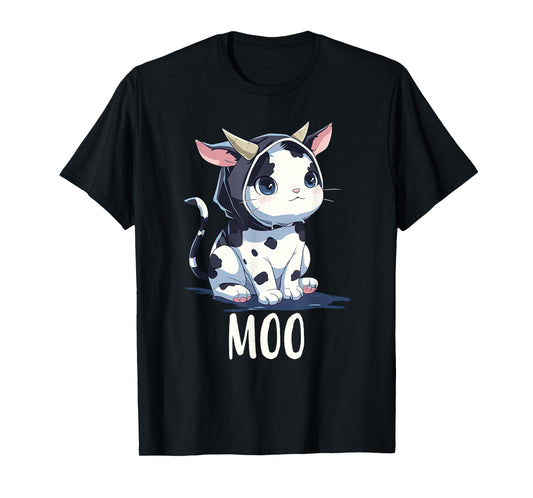 Cute Kawaii Anime Cat In Cow Costume Moo Funny Meow Cat Cow Men Women Kids T-Shirt