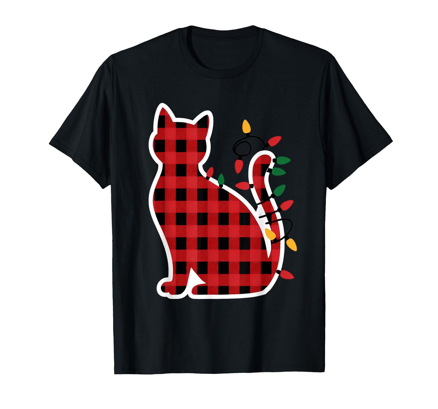 Red and Black Buffalo Plaid Cat Christmas Lights Men Women T-Shirt