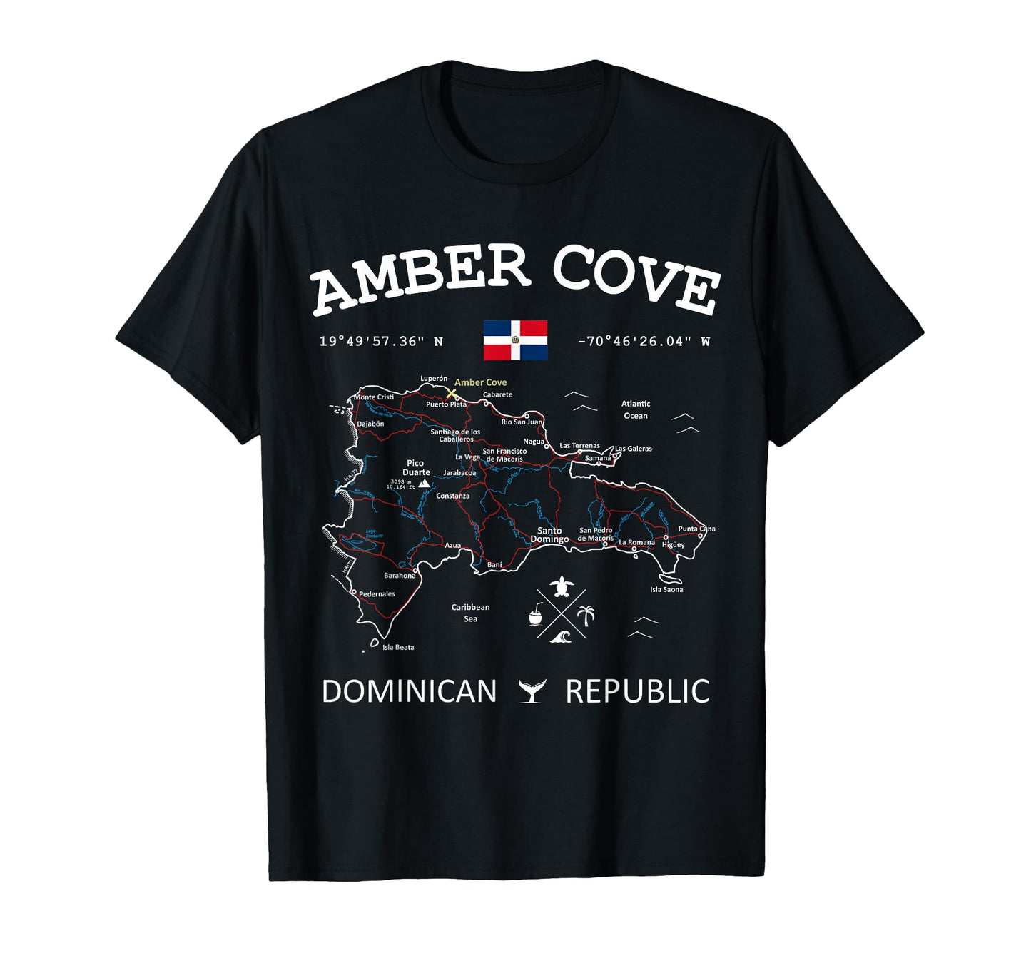Amber Cove Dominican Republic Flag Travel Map Coordinates T-Shirt
