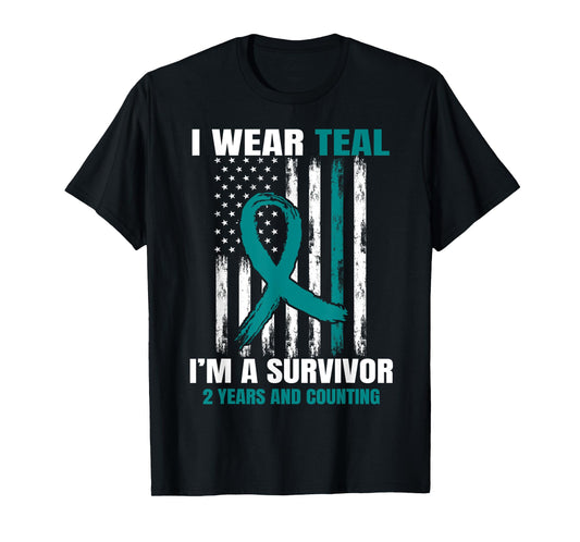 2 Year Ovarian Cancer Survivor Gifts Teal Awareness USA Flag T-Shirt
