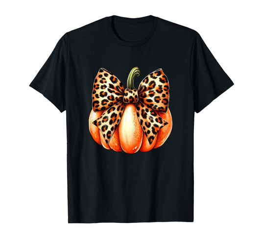 Coquette Bow Leopard Pumpkin Thanksgiving Rustic Fall Women T-Shirt
