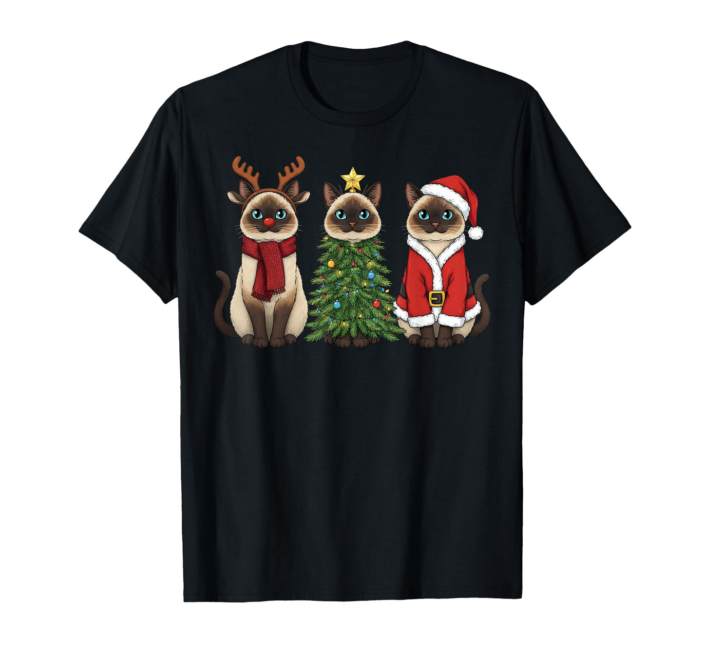 Retro Christmas Siamese Cat Santa Reindeer T-Shirt