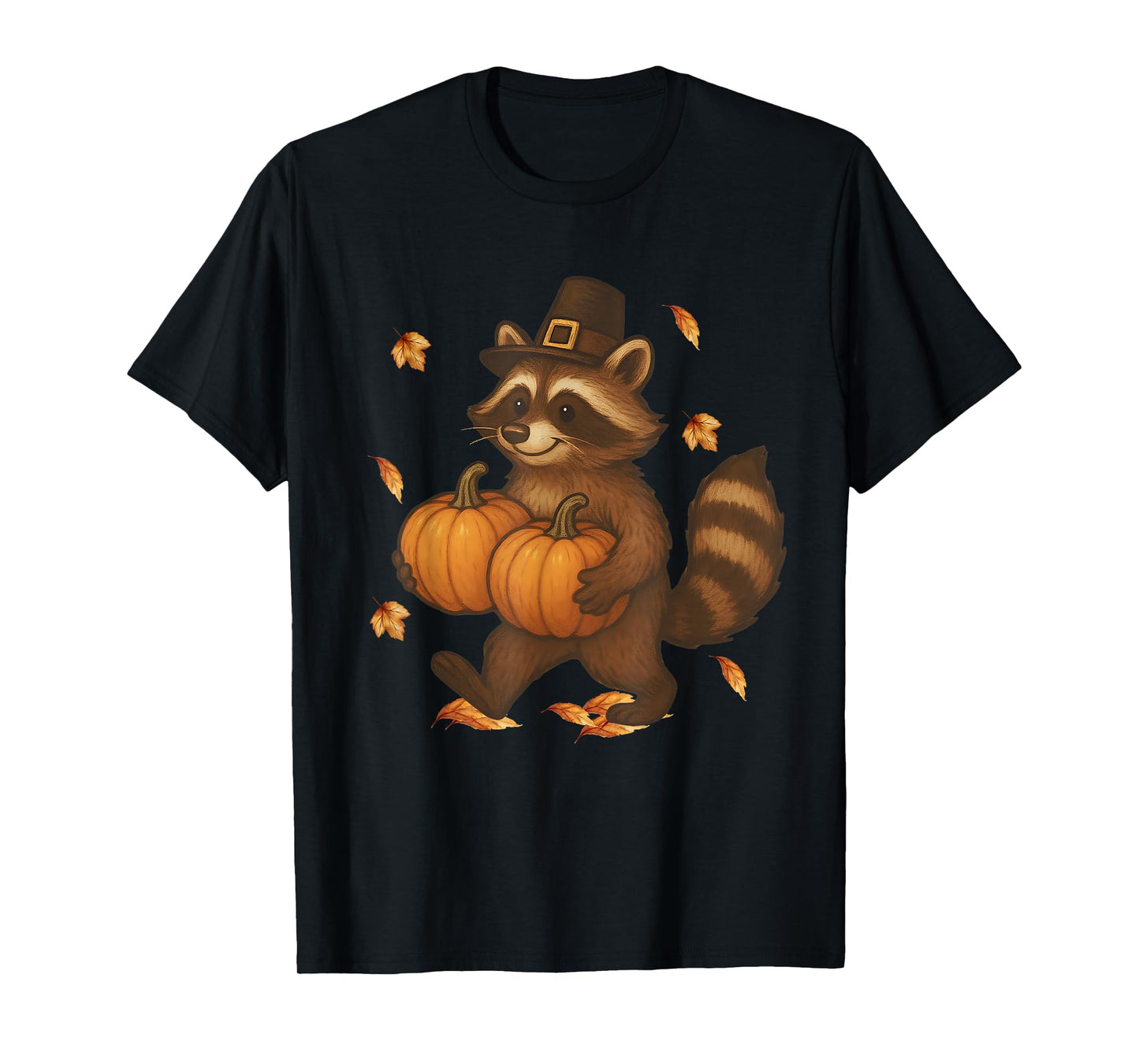 Cute Thanksgiving Raccoon with Pumpkins Pilgrim Fall Leaves T-Shirt