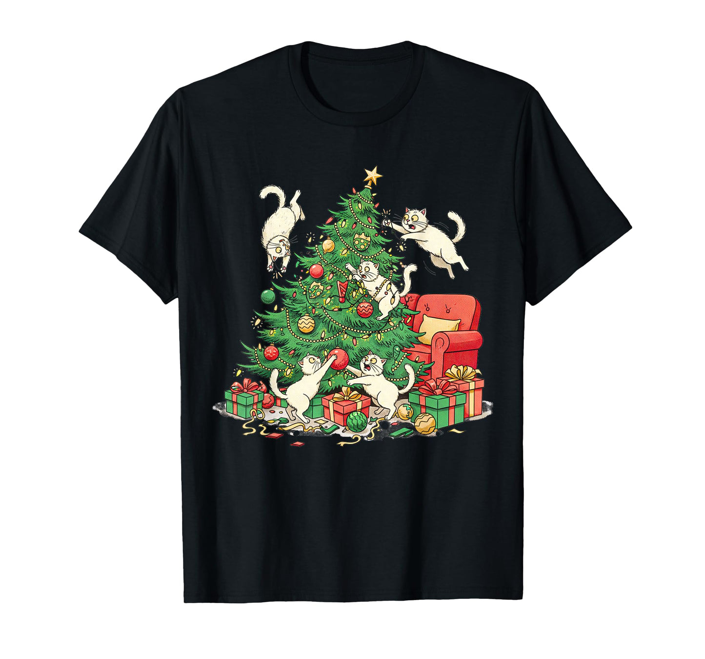 Funny Cat Christmas Tree Chaos Festive Holiday Art T-Shirt