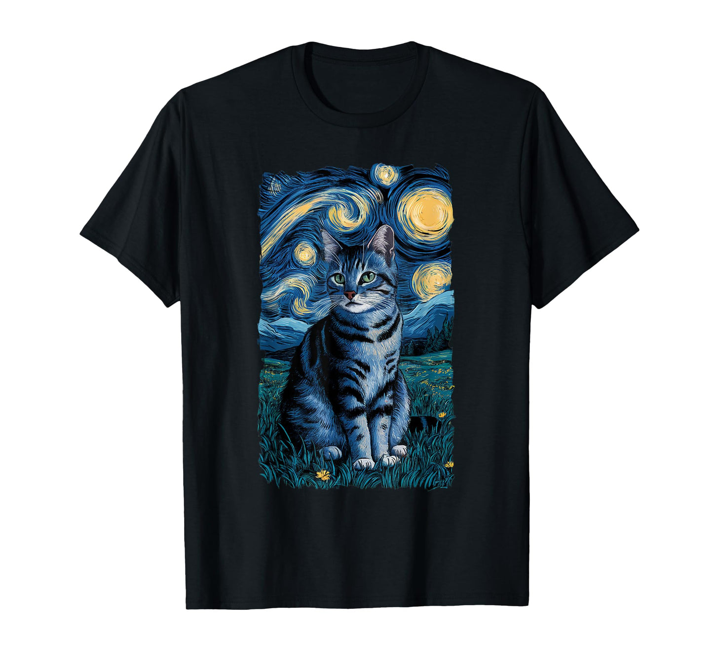 Van Gogh Cat Gifts Tabby Cat Owners Cat Lady Black Men Cat T-Shirt