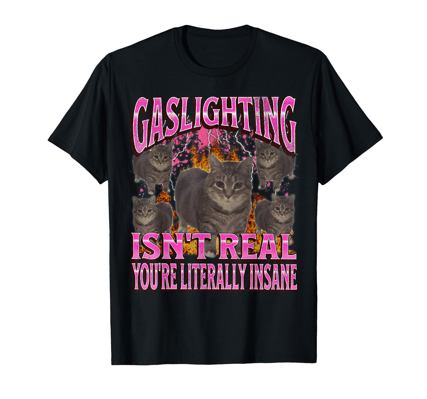 Gaslighting Isn't Real Funny Cat Meme Bootleg Graphic T-Shirt for Men Women