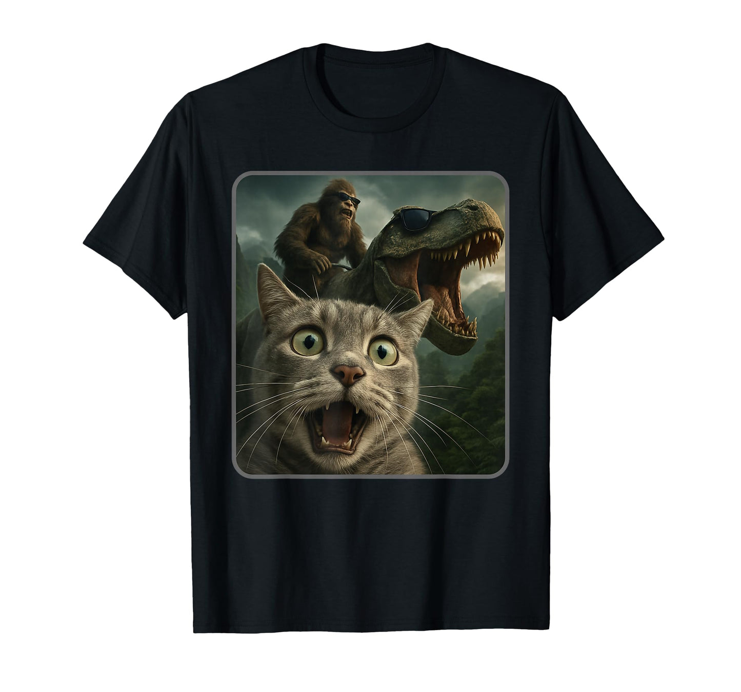 Funny Cat Selfie with Bigfoot Riding T-Rex Meme T-Shirt