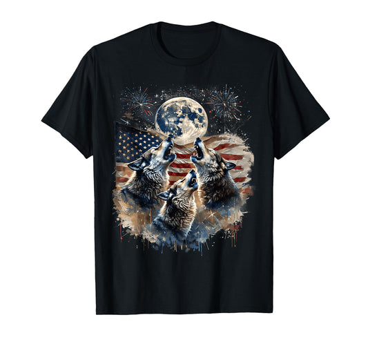Wolf 4th of July Howling Wolves Under Moon American Flag T-Shirt