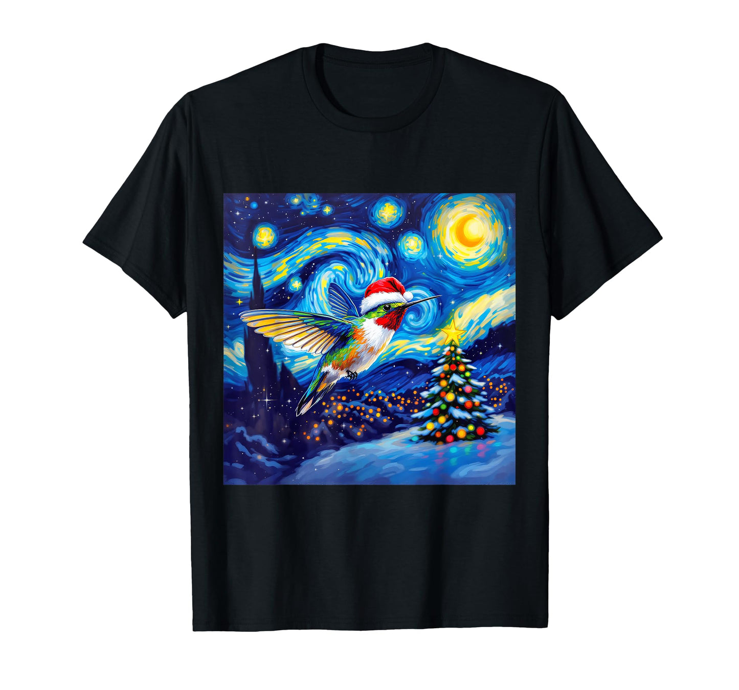Christmas Hummingbird Santa Hat Van Gogh Starry Night T-Shirt