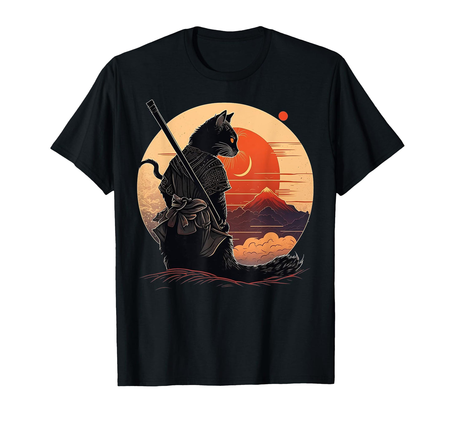 Vintage Japanese Sunset Style and samurai cat Kitten Lover Men Women Kids T-Shirt