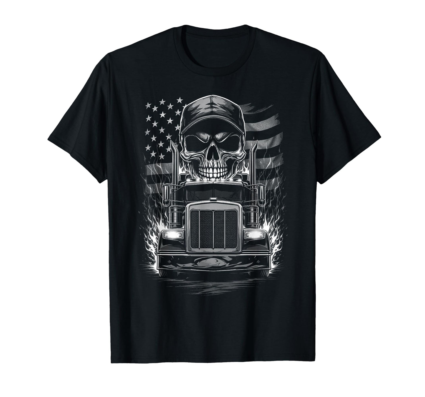 Trucker Patriotic American Flag Semi Truck Driver Skull T-Shirt
