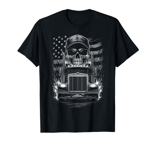 Trucker Patriotic American Flag Semi Truck Driver Skull T-Shirt