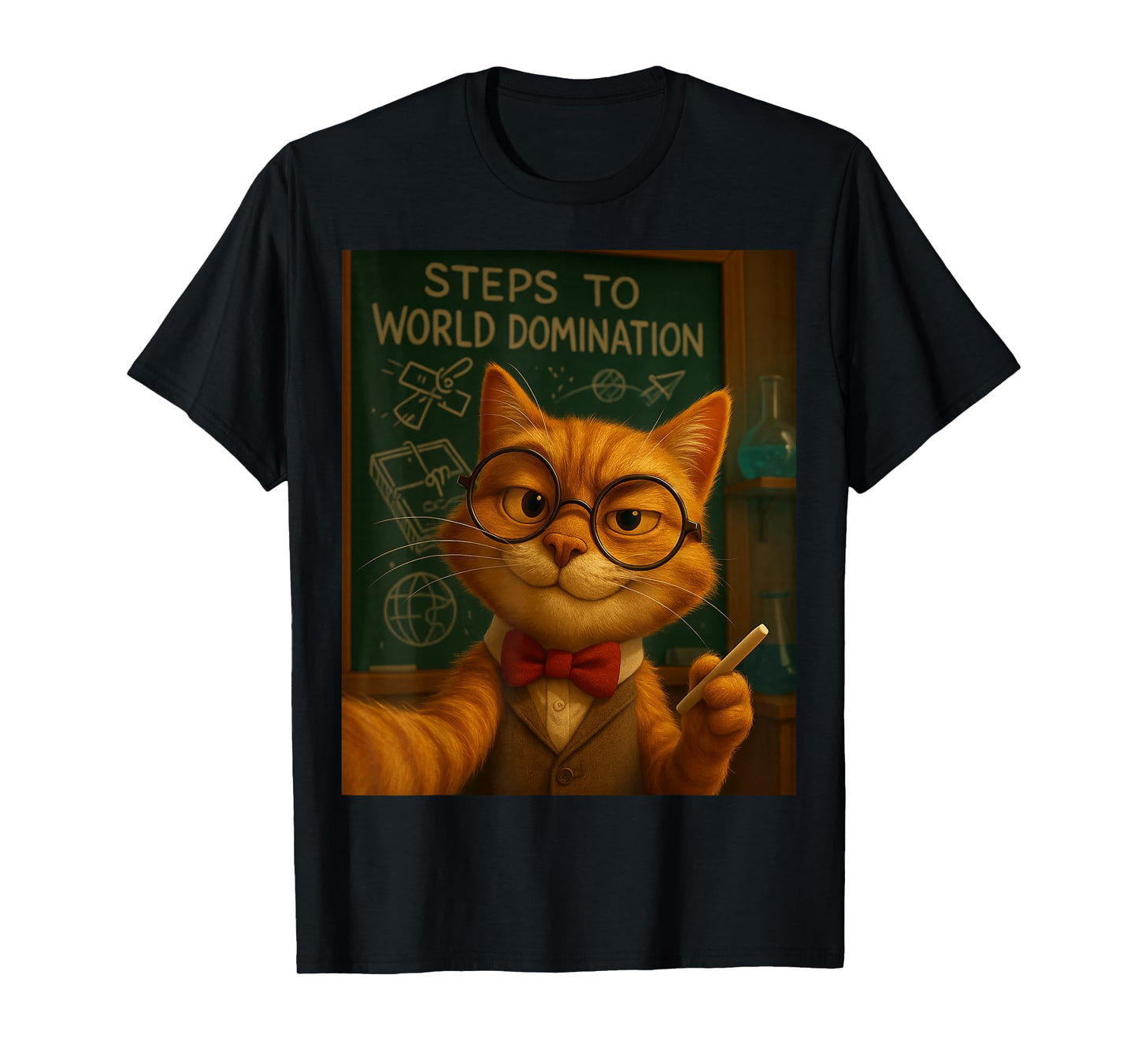 Evil Genius Cat Steps to World Domination Chalkboard T-Shirt