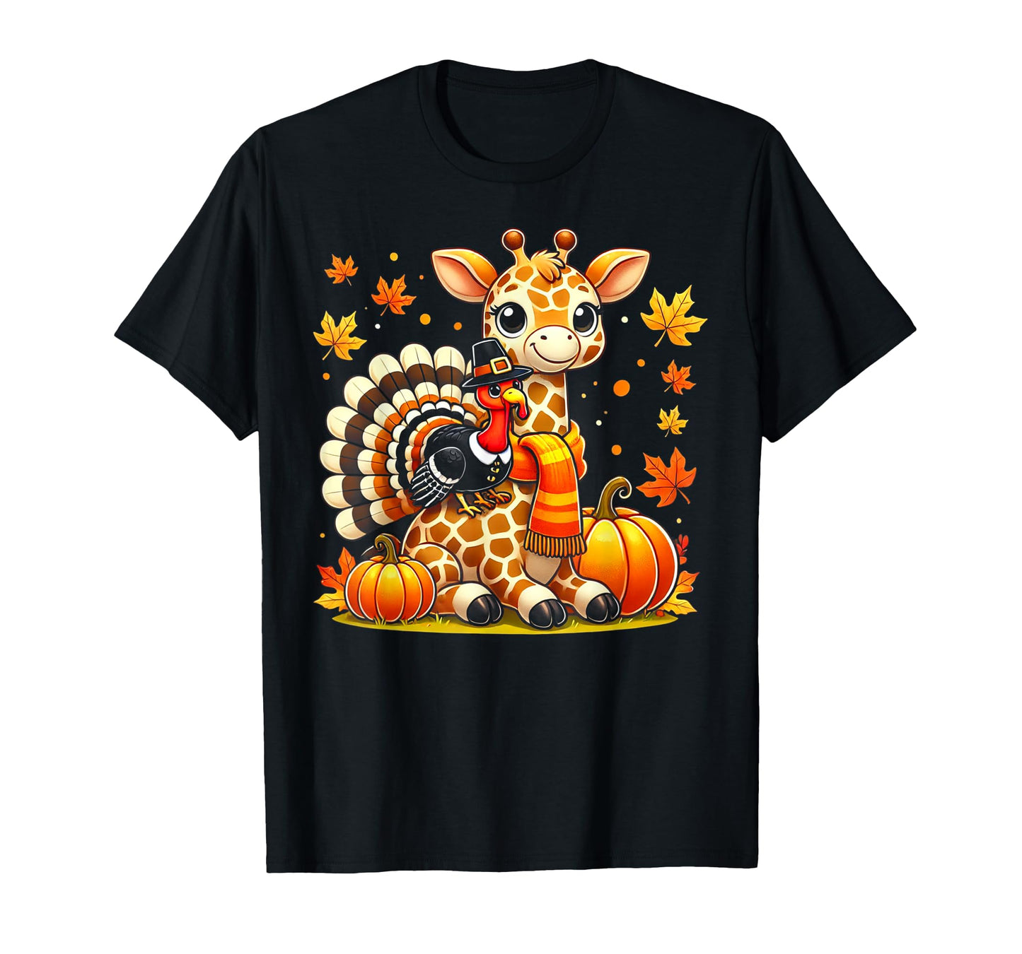 Thanksgiving Turkey Riding Giraffe With Fall Pumpkins T-Shirt