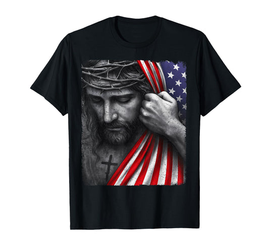 Jesus Faith Cross Crown America Patriotic Heritage Flag T-Shirt