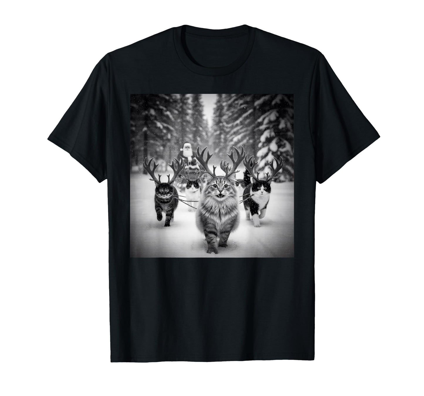 Funny Christmas Santa Sleigh Cats Reindeer Selfie Xmas Meme T-Shirt