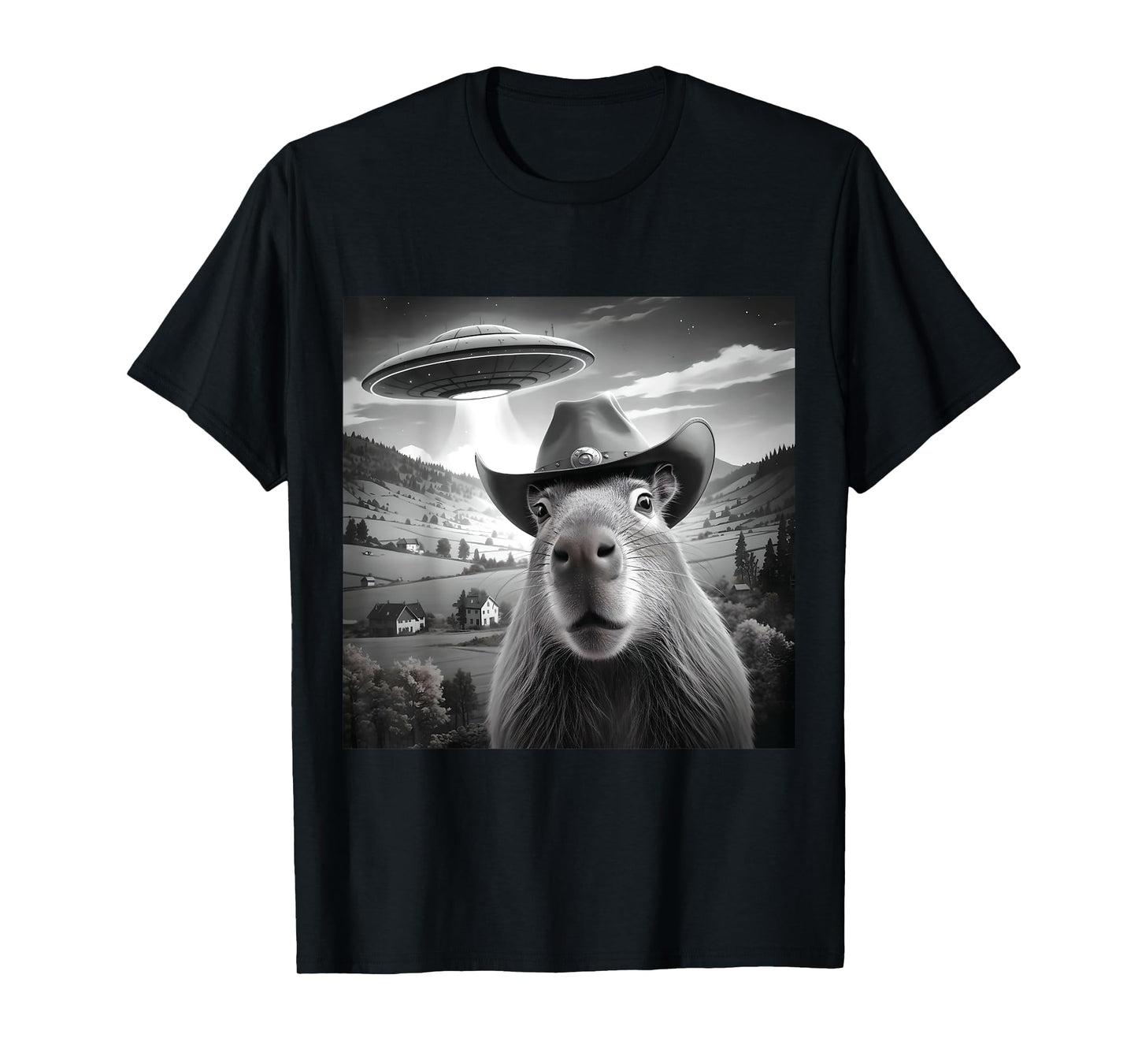 Funny Capybara Selfie Wearing Cute Hat With UFOs Weird T-Shirt