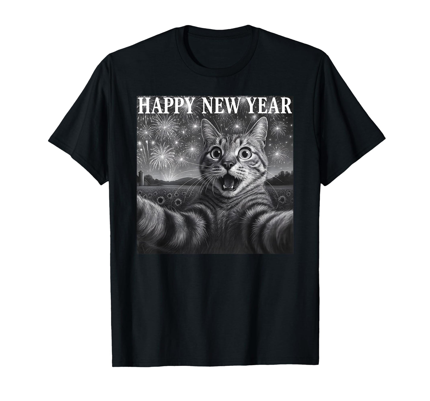 Cat Selfie with Firework Funny Cat Happy New Year Men Women T-Shirt