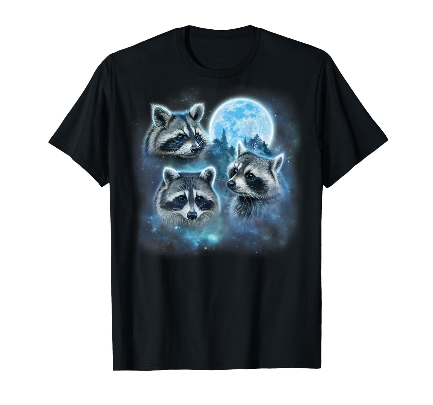 Three Raccoons Engulfed in Galaxy Clouds Under Icy Moon T-Shirt