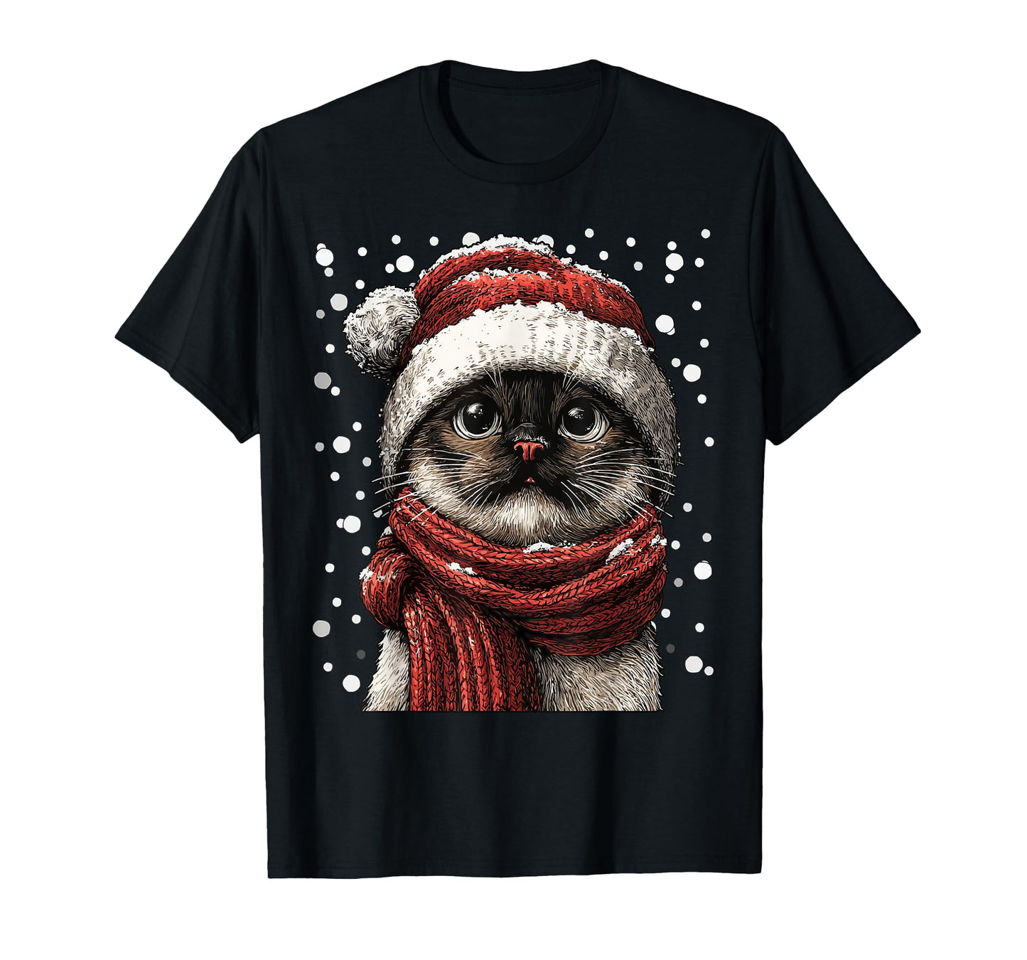 Snowy Siamese Cat with Snow Santa Hat Winter Christmas T-Shirt