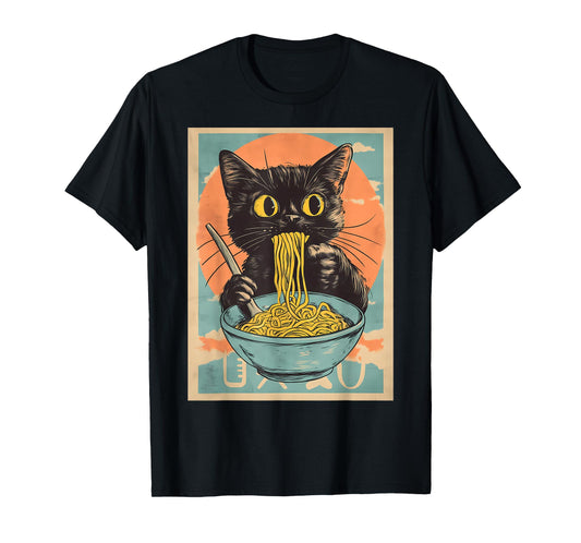 Anime Cat Ramen Japanese Funny Graphic Tees Kawaii Cat T-Shirt