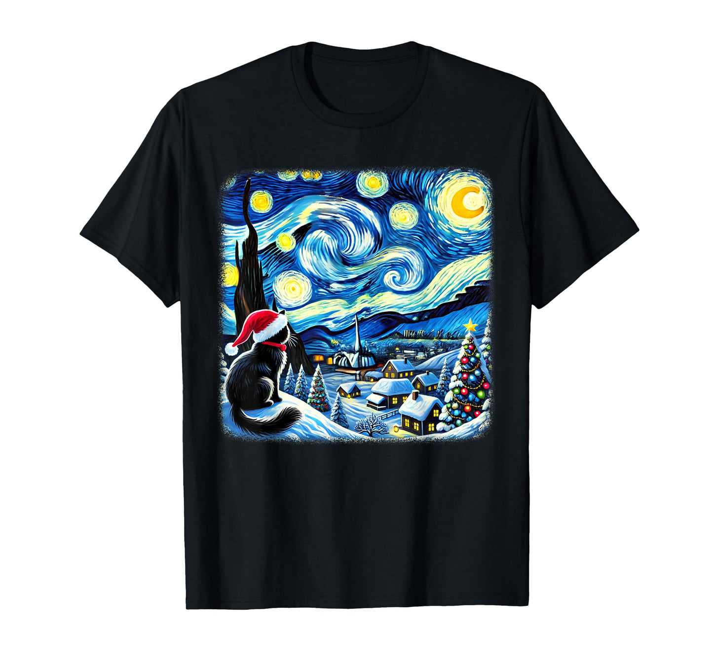 Christmas Van Gogh Starry Night Black Cat Santa Hat Xmas T-Shirt for Men Women Kids