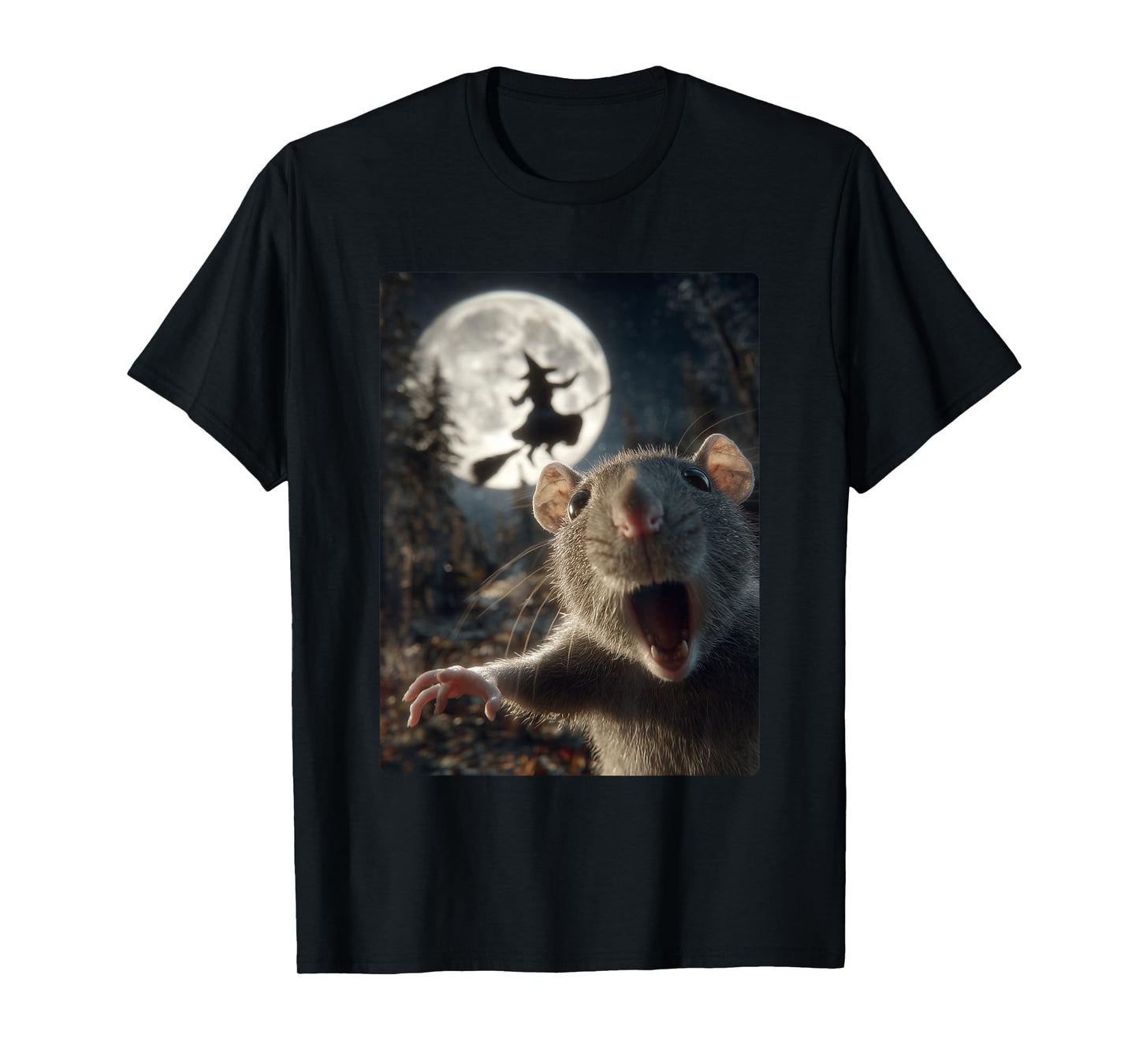 Funny Rat Selfie Full Moon Flying Witch Forest Halloween T-Shirt