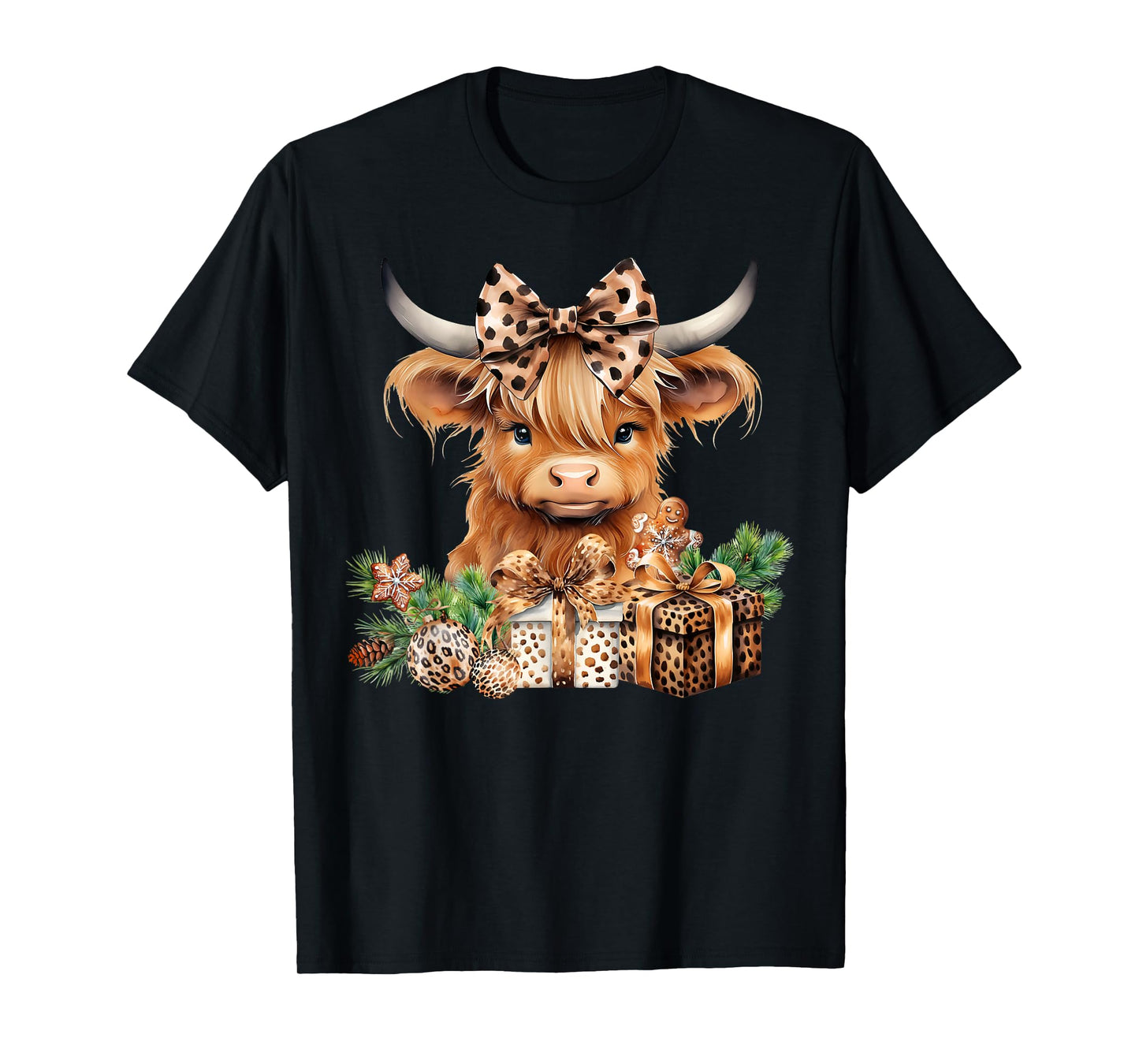 Baby Highland Cow Merry Christmas Leopard Cute Cow Farmer T-Shirt