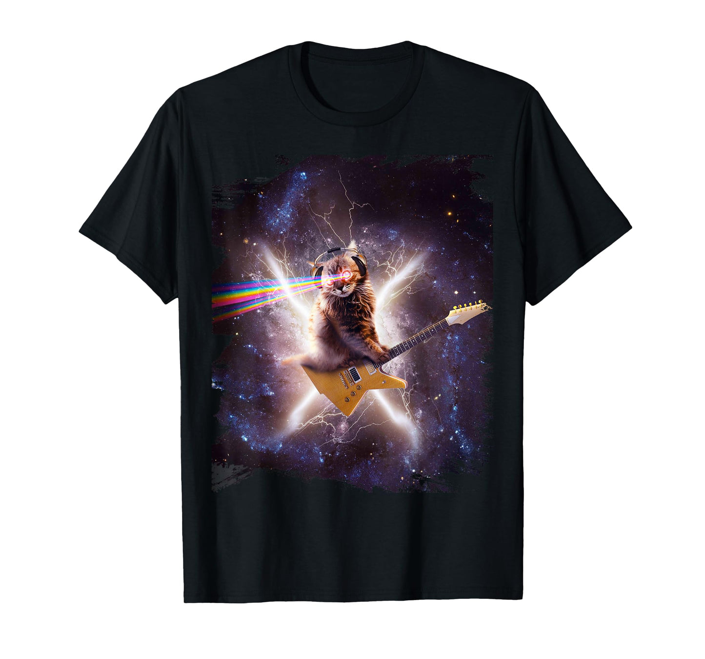 Laser Cat Riding Guitar In Outer Space Galaxy Lightning T-Shirt
