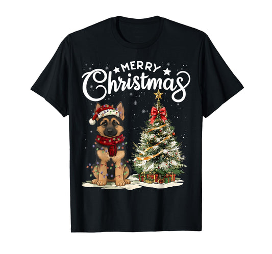 German Shepherd Merry Christmas Dog Santa Hat Tree Lights T-Shirt